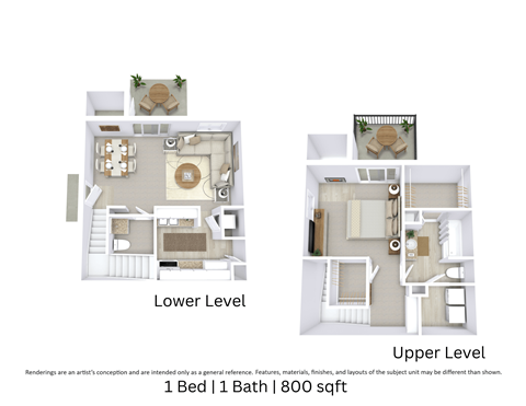 Floor plan for 1 bed, 1.5 baths, 800 sqft